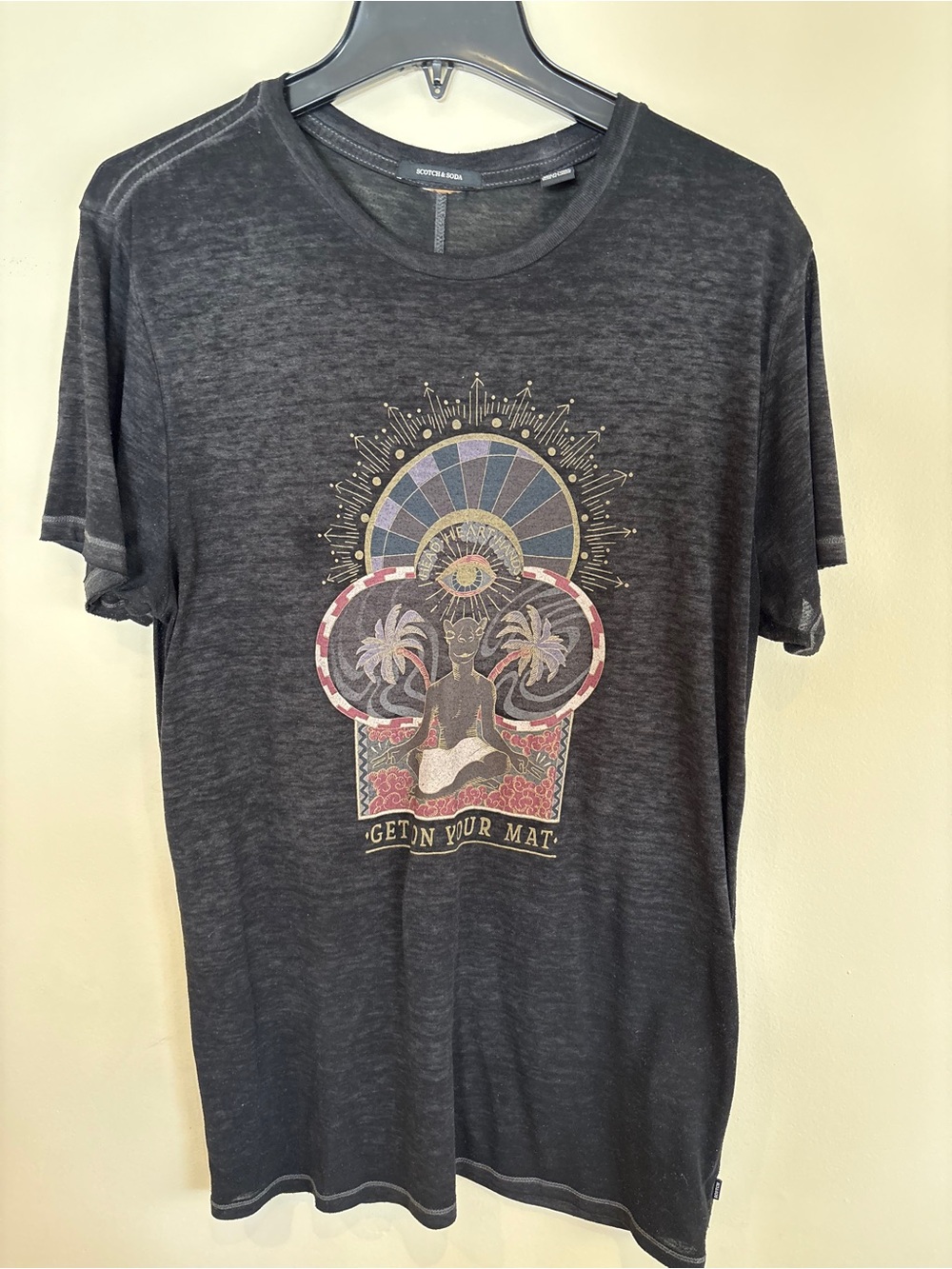 Scotch & Soda Black Short-Sleeve Tee with Colorful Meditative Graphic